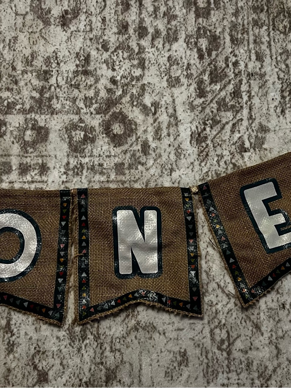 Burlap 0ne year old Celebration Banner with Silver Letters - birthday